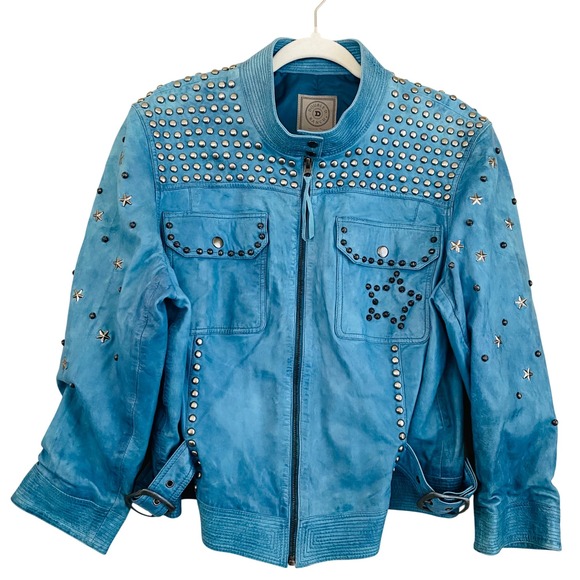 Double D Ranch RARE Turquoise Studded Star Accent Genuine Leather Cropped Jacket - Picture 2 of 10